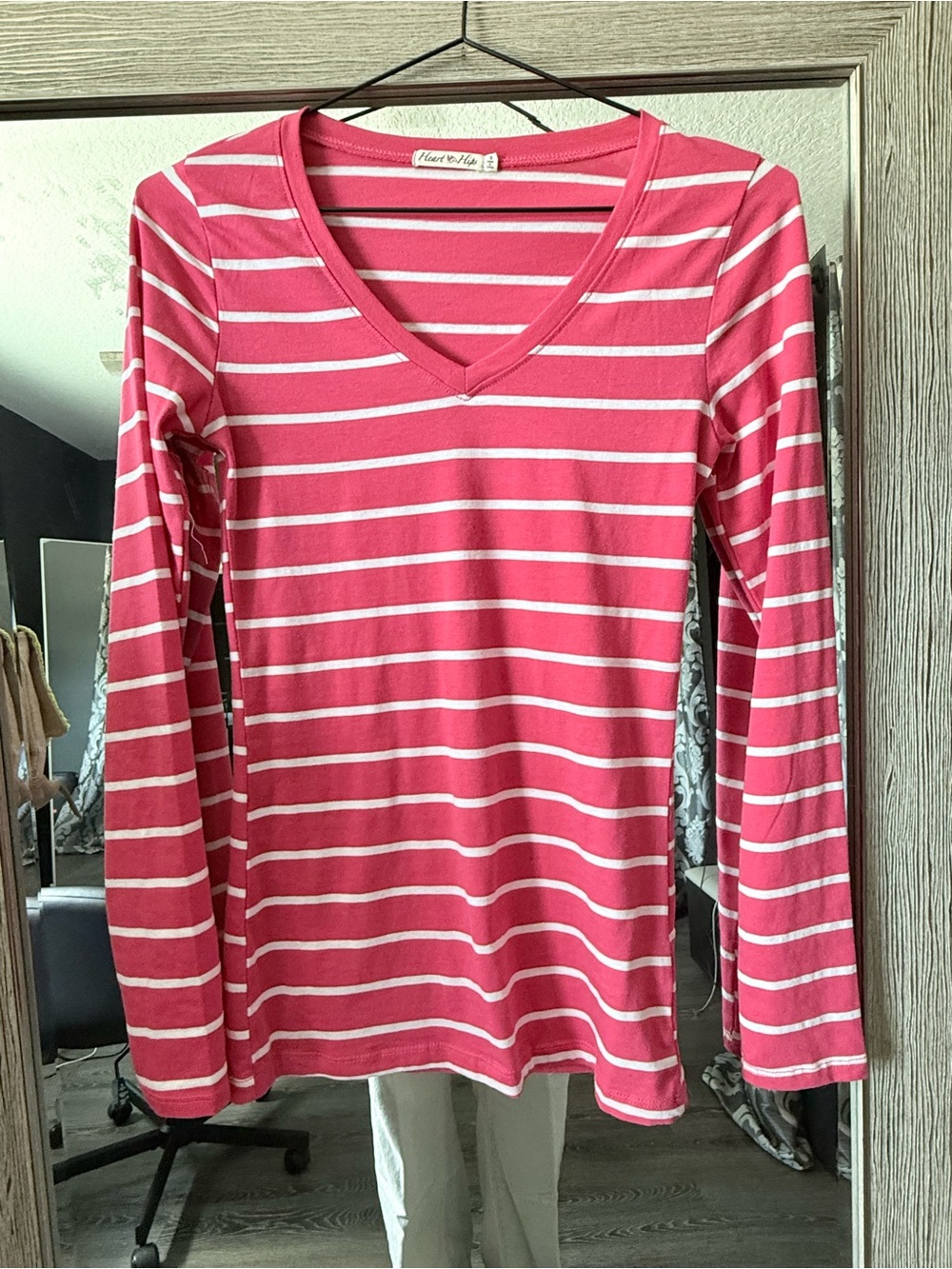 Heart Hips Coral Red & White Striped V-Neck Long Sleeve Top